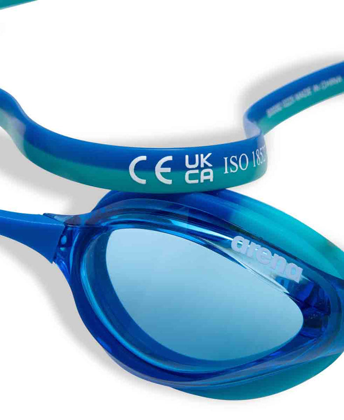 Arena Python Junior Racing Goggles in blue and peacock with adjustable strap and clear lenses for young swimmers.