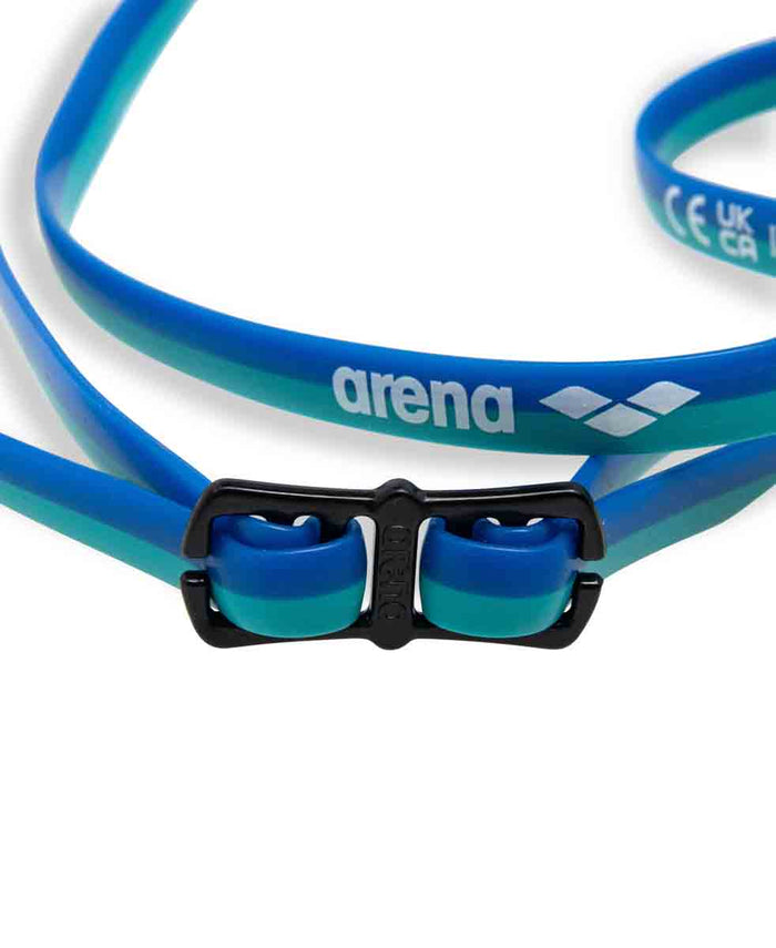 Arena Python Junior racing goggles in blue and peacock with adjustable strap and clear lenses for young swimmers.