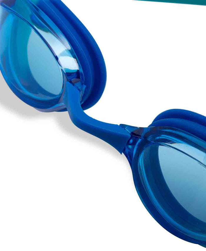 Arena Python Junior racing goggles in blue and peacock with adjustable strap and clear lenses for young swimmers.