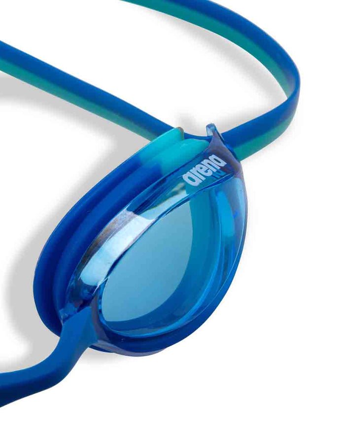 Arena Python Junior racing goggles in blue and peacock with adjustable strap and clear lenses, designed for young swimmers.