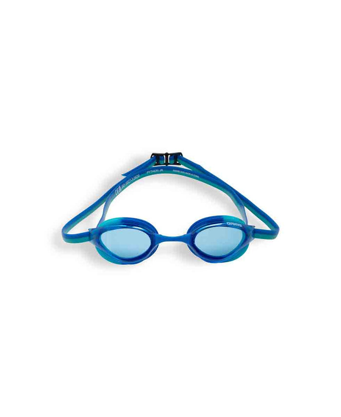 Arena Python Junior Racing Goggles in blue and peacock with adjustable strap and clear lenses for young swimmers.