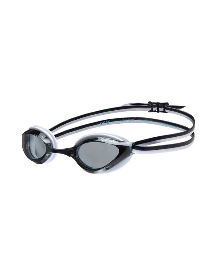 Arena Python Junior Racing Goggles in smoke, black, and white with adjustable strap and clear lenses for young swimmers.