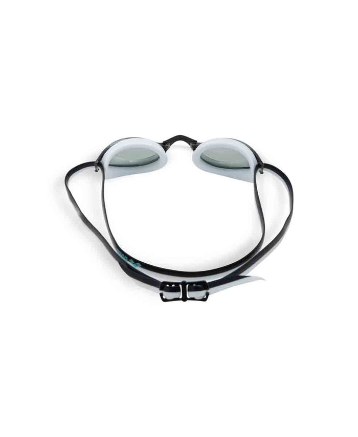 Arena Python Junior racing goggles in smoke, black, and white with adjustable strap and clear lenses for young swimmers.
