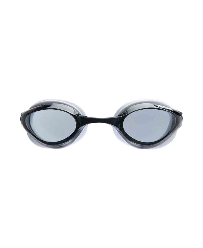 Arena Python Junior racing goggles in smoke, black, and white with adjustable straps and clear lenses for young swimmers.