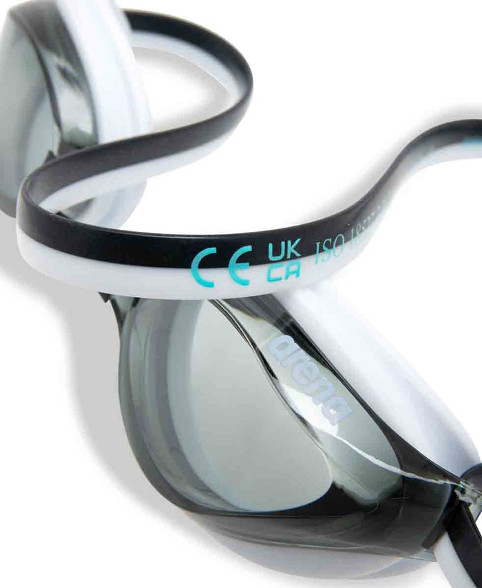 Arena Python Junior racing goggles in smoke, black, and white with adjustable strap and clear lenses for young swimmers.