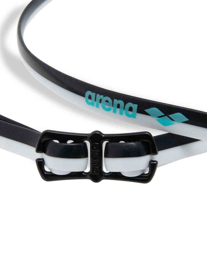 Arena Python Junior racing goggles in smoke, black, and white with adjustable straps, designed for young swimmers.