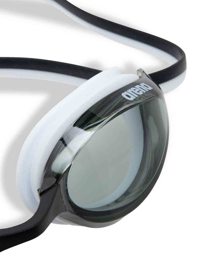 Arena Python Junior racing goggles in smoke, black, and white with adjustable strap and clear lenses for young swimmers.