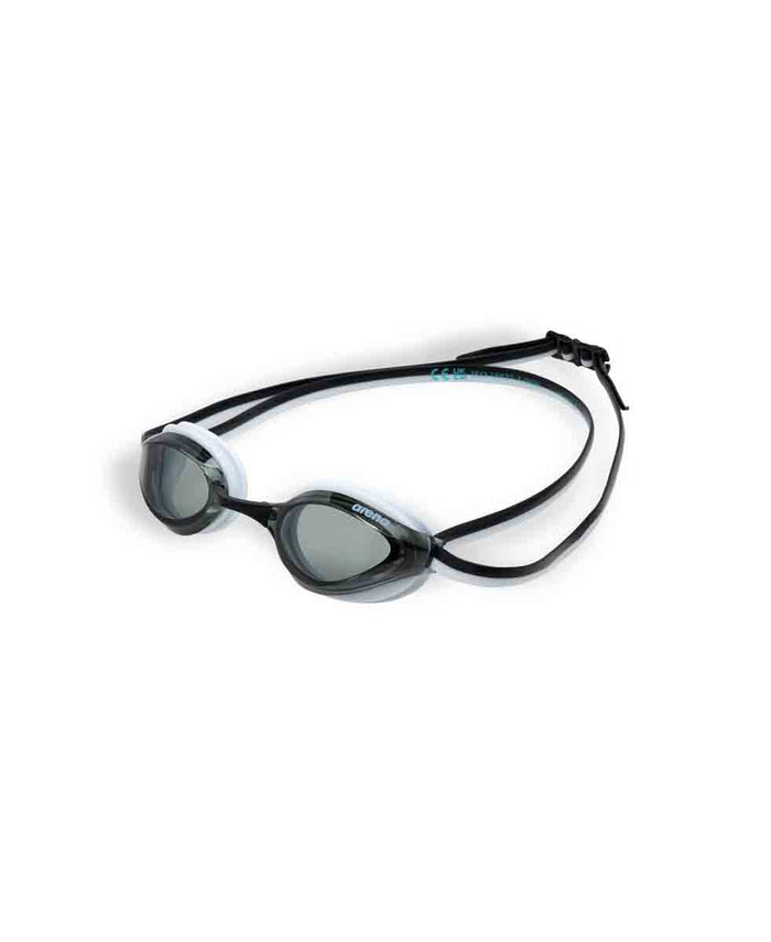 Arena Python Junior racing goggles in smoke, black, and white with adjustable straps and clear lenses for junior swimmers.