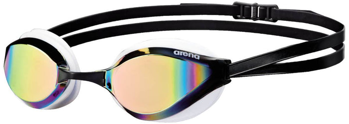Arena Python Mirror Racing Goggles in black and copper with reflective lenses, designed for competitive swimming.