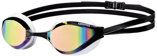 Arena Python Mirror Racing Goggles in black and copper with reflective lenses, designed for competitive swimming.