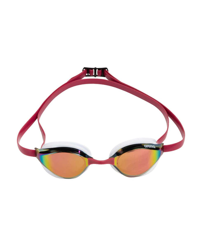 Arena Python Mirror Racing Goggles in copper, white, and red wine with reflective lenses for competitive swimming.