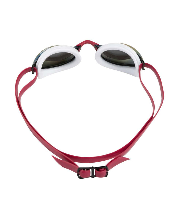 Arena Python Mirror Racing Goggles in copper, white, and red wine with reflective mirror lenses, designed for competitive swimming.