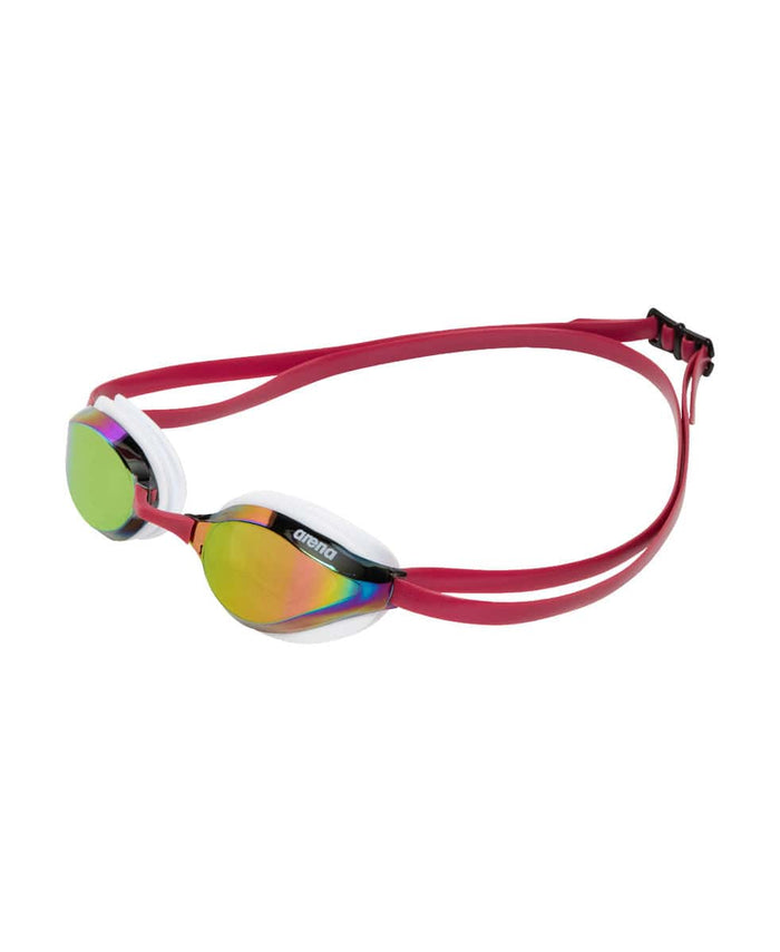 Arena Python Mirror Racing Goggles in copper, white, and red wine with reflective lenses and adjustable strap for competitive swimming.