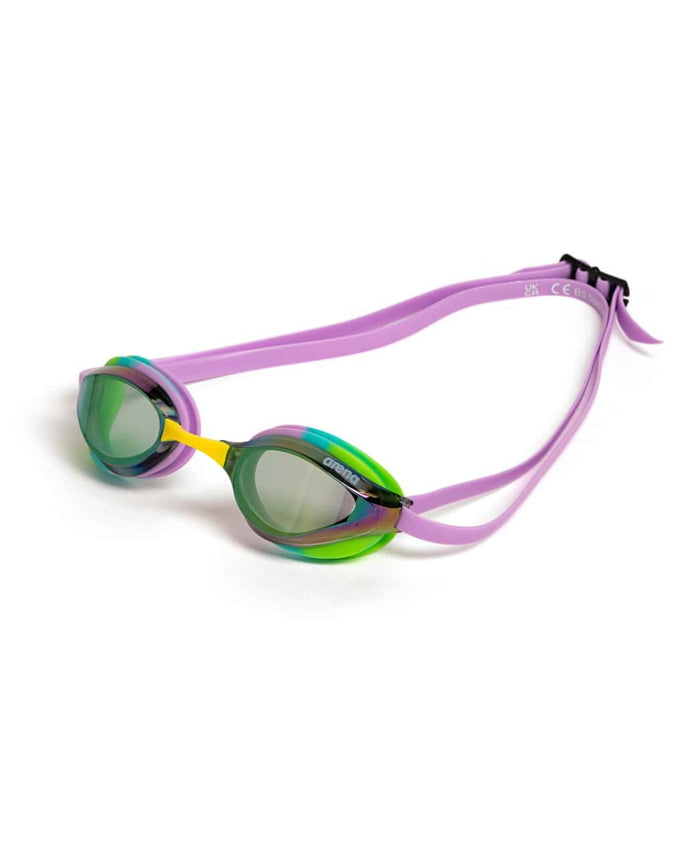 Arena Python Mirror Racing Goggles in green and violet with adjustable strap and mirrored lenses for competitive swimming.