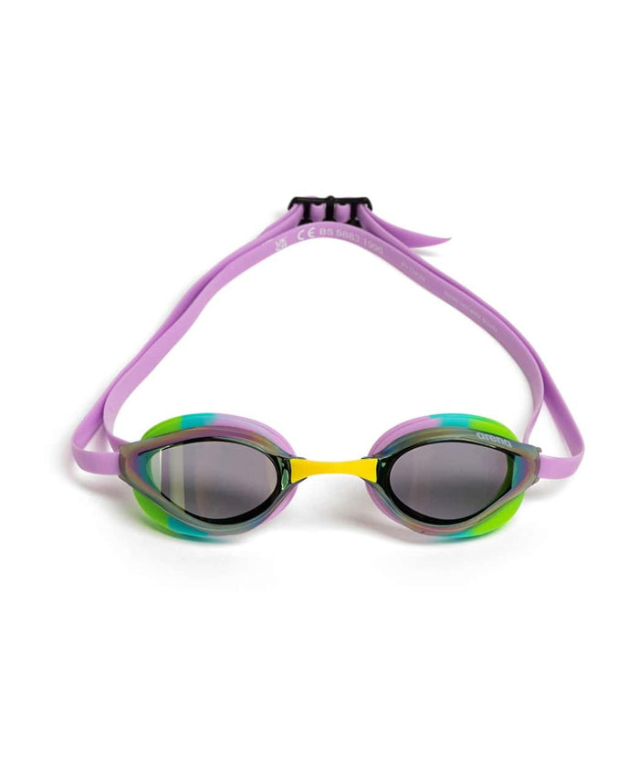 Arena Python Mirror Racing Goggles in green and violet with reflective lenses, designed for competitive swimming.