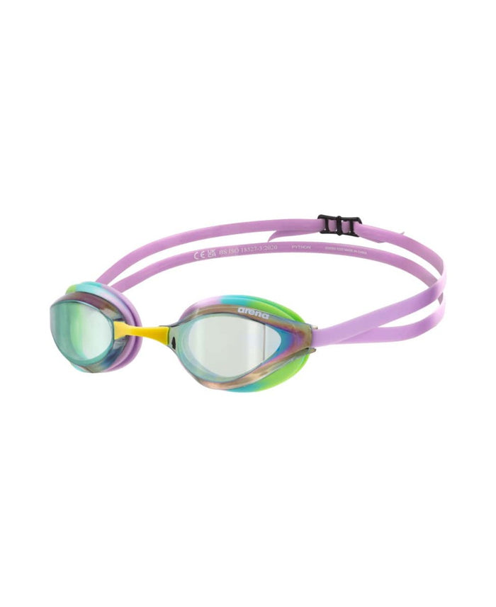 Arena Python mirror racing goggles in green, violet, and green with a sleek design and reflective lenses for competitive swimming.