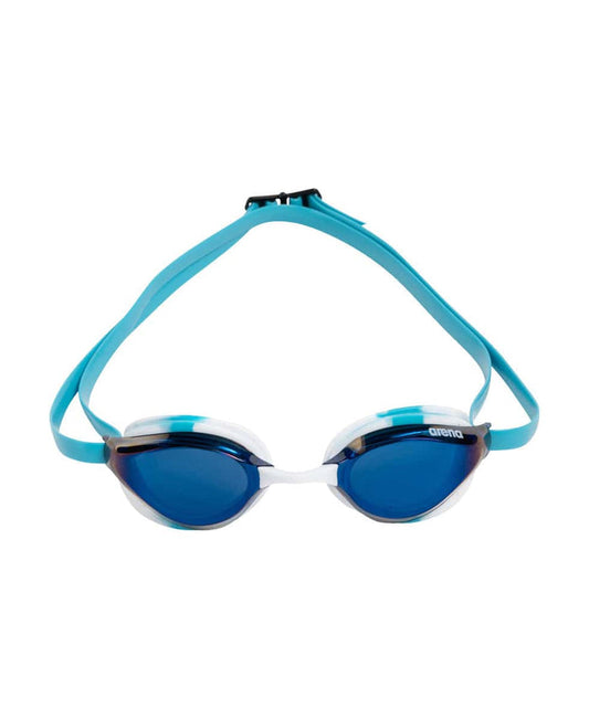 Arena Python Mirror Racing Goggles in light blue mirror with white and sky accents, designed for competitive swimming.