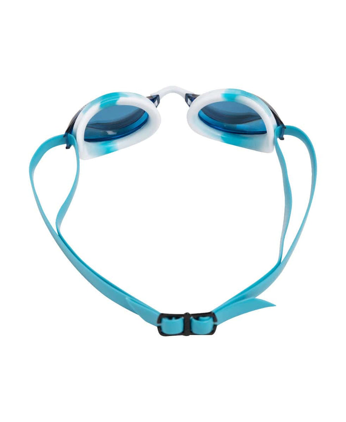 Arena Python Mirror Racing Goggles in light blue with white and sky accents, featuring a sleek design for competitive swimming.