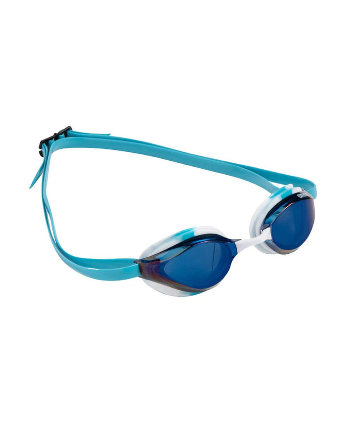 Arena Python Mirror Racing Goggles in light blue with white and sky accents, designed for competitive swimming.