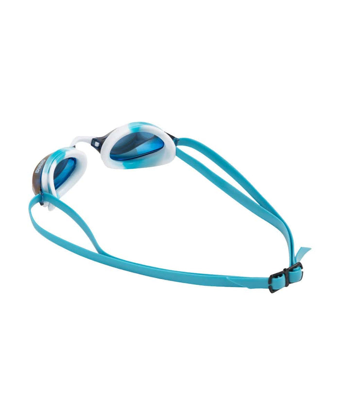Arena Python Mirror Racing Goggles in light blue mirror with white and sky accents, designed for competitive swimming.