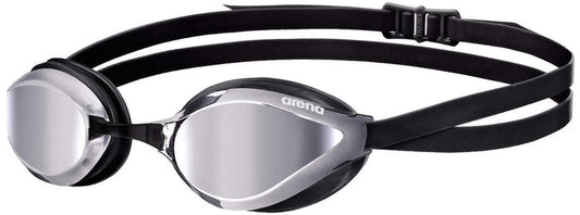 Arena Python Mirror Racing Goggles in silver and black with reflective lenses, designed for competitive swimming.