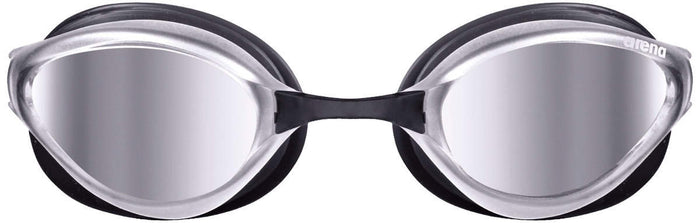 Arena Python Mirror Racing Goggles in silver and black, featuring a sleek design and reflective mirror lenses for competitive swimming.