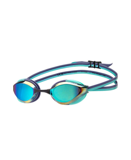 Arena Python Mirror Racing Goggles in turquoise and water color with adjustable straps and mirrored lenses for competitive swimming.
