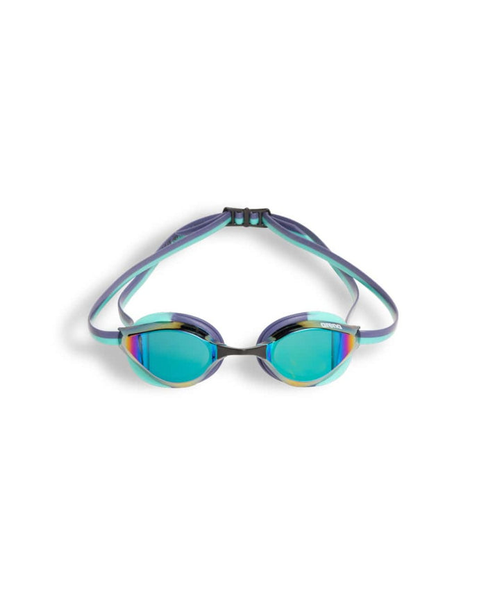Arena Python Mirror Racing Goggles in turquoise and water color, featuring sleek design and adjustable straps for competitive swimming.