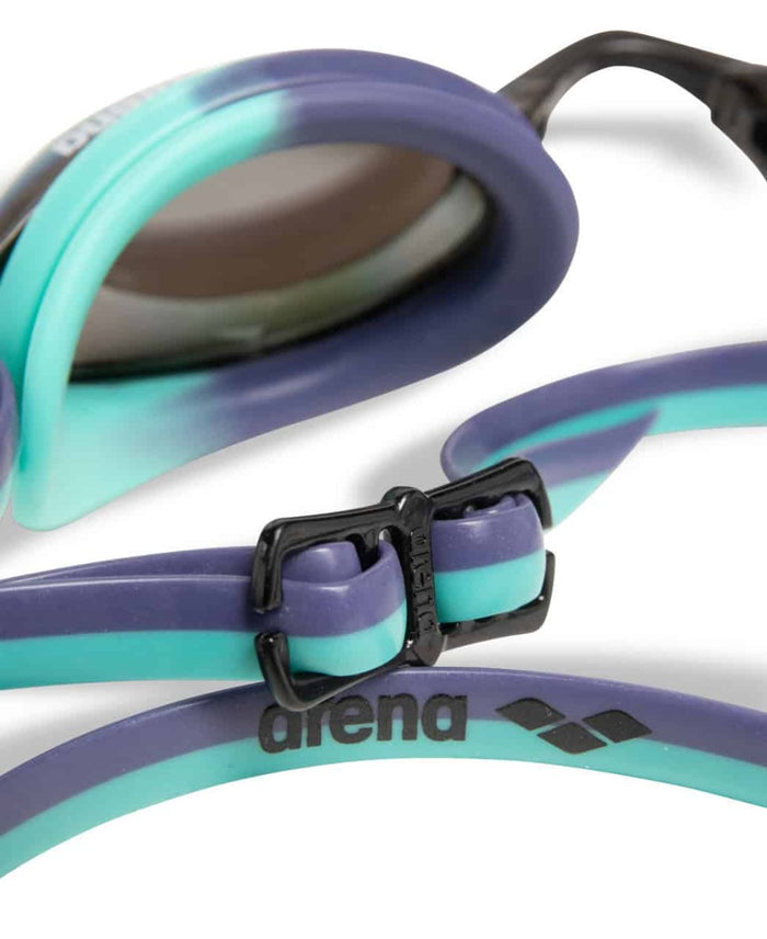 Arena Python Mirror Racing Goggles in turquoise and water color with reflective lenses for competitive swimming.