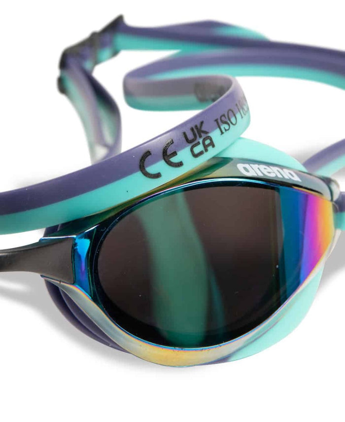 Arena Python Mirror Racing Goggles in turquoise and water colors, featuring a sleek, aerodynamic design for competitive swimming.