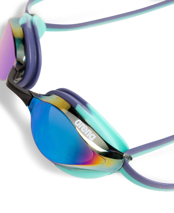 Arena Python Mirror Racing Goggles in turquoise and water color with reflective lenses, designed for competitive swimming.