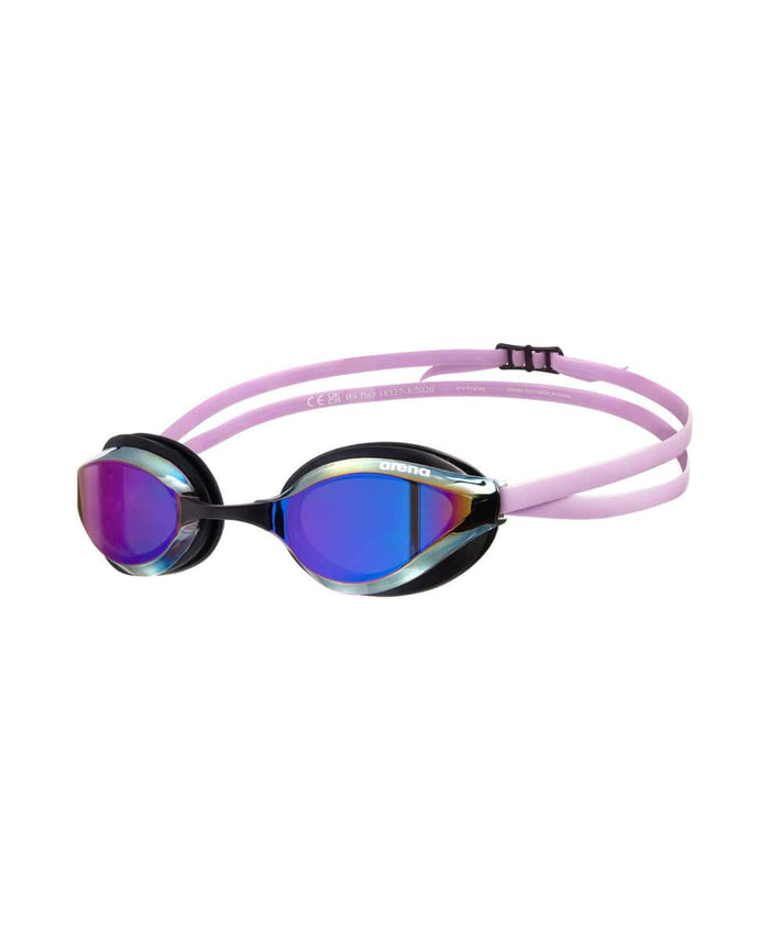 Arena Python Mirror Racing Goggles in violet, black, and violet with reflective lenses, designed for competitive swimming.
