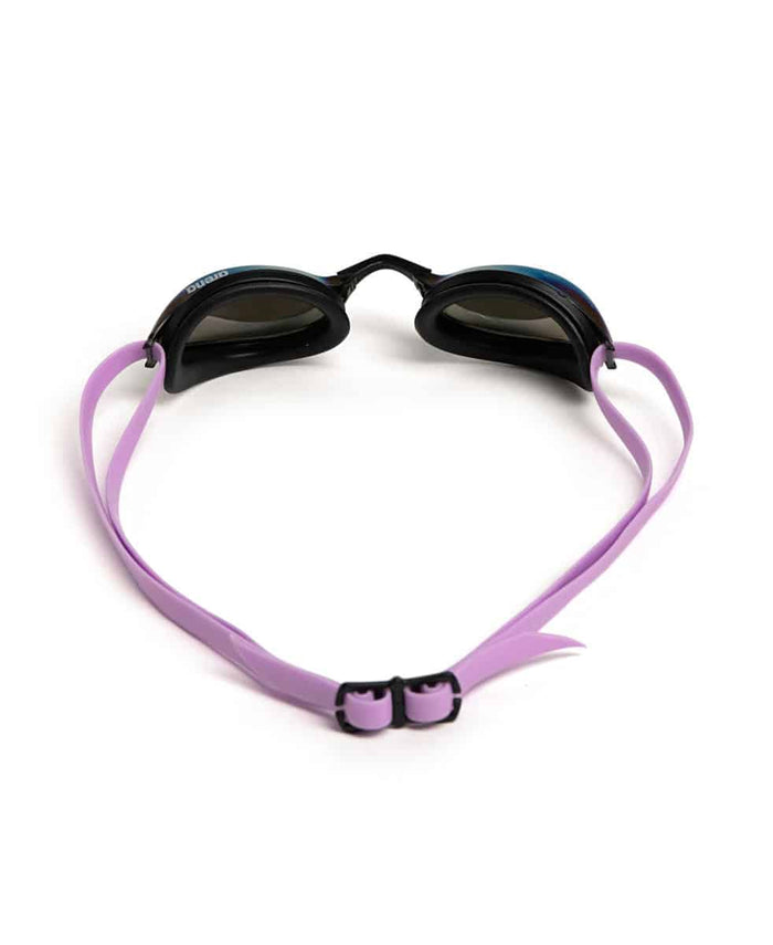 Arena Python Mirror Racing Goggles in violet, black, and violet with reflective lenses, designed for competitive swimming.