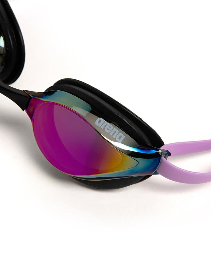 Arena Python Mirror Racing Goggles in violet, black, and violet with reflective lenses and adjustable strap for competitive swimming.
