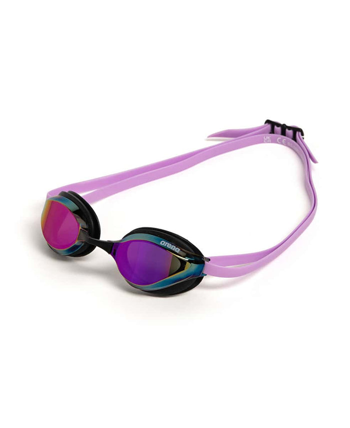 Arena Python Mirror Racing Goggles with violet and black strap, featuring reflective mirror lenses for competitive swimming.