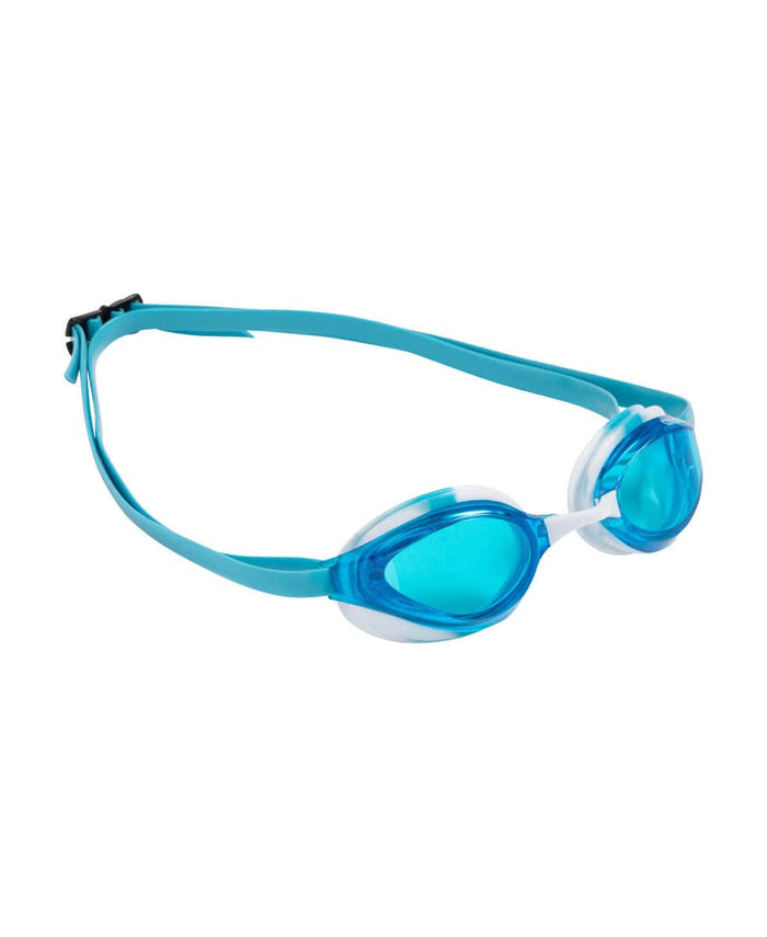 Arena Python racing goggles in blue, white, and sky colors with adjustable strap and clear lenses for competitive swimming.