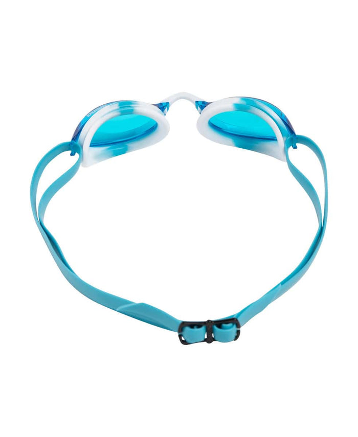 Arena Python racing goggles in blue, white, and sky colors with adjustable strap and clear lenses for competitive swimming.