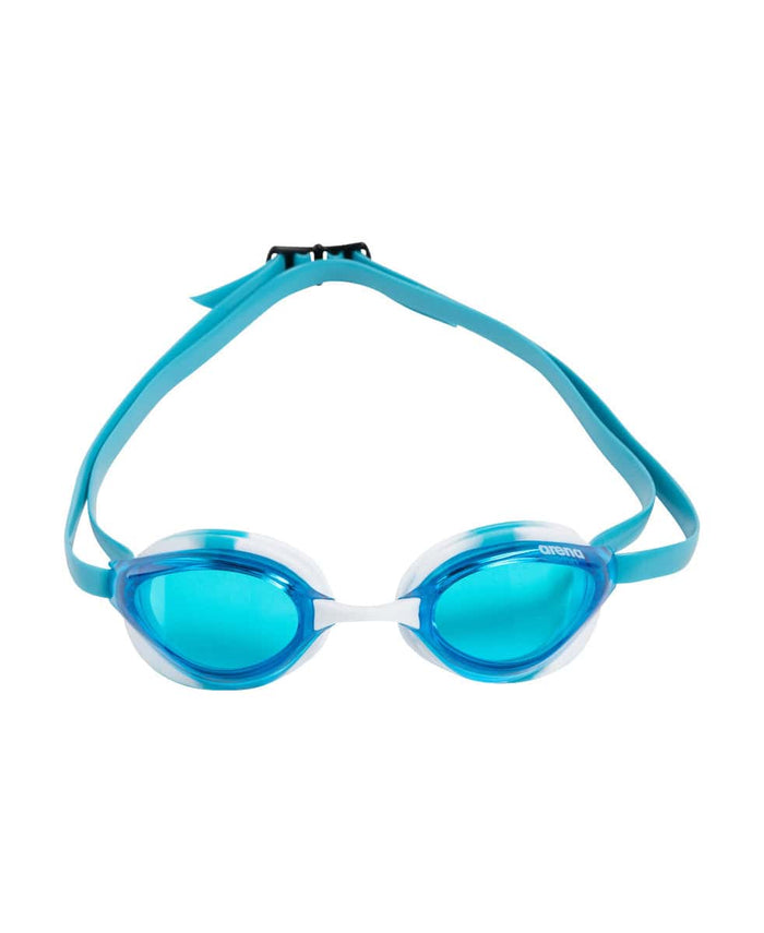 Arena Python racing goggles in blue, white, and sky colors, designed for competitive swimming with a sleek, aerodynamic fit.