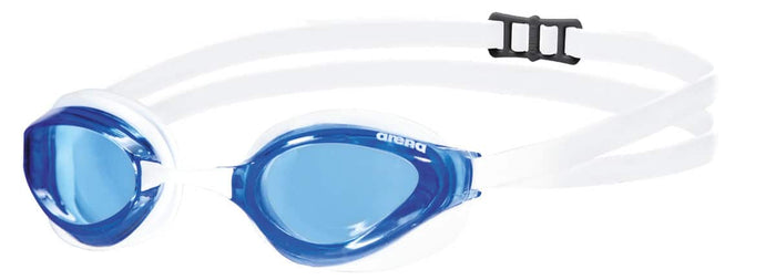 Arena Python racing goggles with clear blue and white straps, featuring a sleek, aerodynamic design for competitive swimming.
