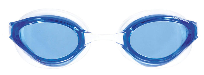 Arena Python racing goggles in clear blue and white with adjustable strap and streamlined design, suitable for competitive swimming.