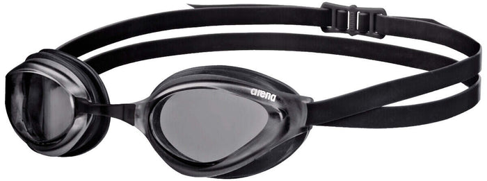 Arena Python Racing Goggles in smoke and black with adjustable straps and streamlined design for competitive swimming.