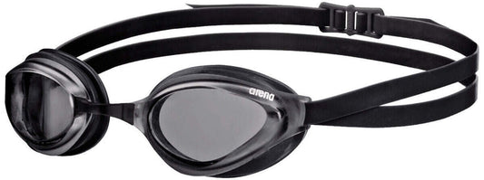 Arena Python Racing Goggles in smoke and black with adjustable straps and streamlined design for competitive swimming.