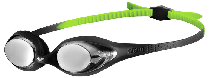 Black Arena Spider Junior Mirror goggles with mirrored lenses and adjustable straps for kids' swimming.