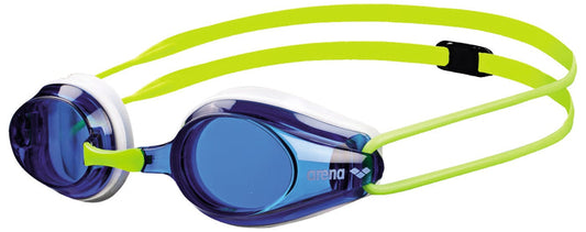 Arena Tracks Junior goggles with clear lenses and adjustable straps, designed for young swimmers to ensure comfort and visibility.