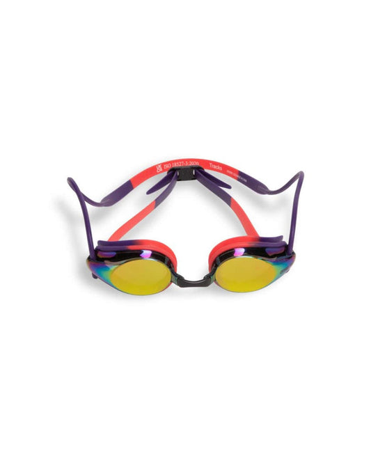 Arena Tracks mirror racing goggles in copper, plum, and coral with reflective lenses and adjustable strap for competitive swimming.