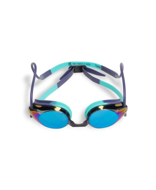 Arena Tracks Mirror Racing Goggles in turquoise and water colors, featuring a sleek design and reflective lenses for swimming.