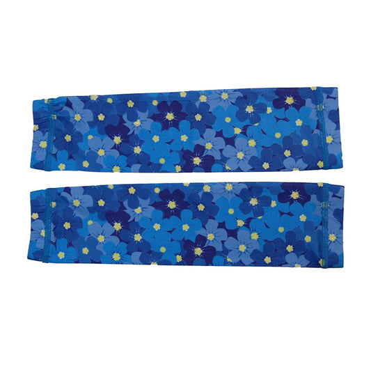 Pair of blue floral print arm sleeves with yellow-centered flowers on white background