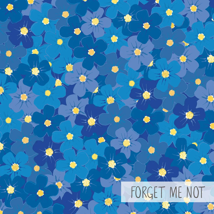 Pattern of blue forget me not flowers with yellow centers and handwritten text label