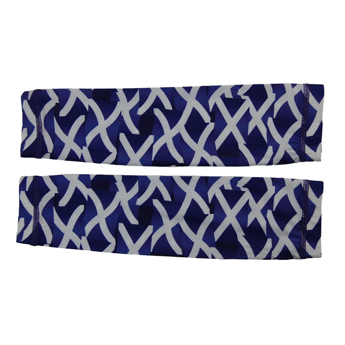 Pair of blue arm sleeves with white crisscross pattern for sports and outdoor wear