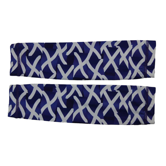 Pair of blue arm sleeves with white crisscross pattern for sports and outdoor wear